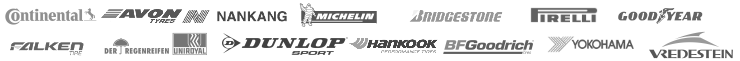Reifenmarken: Continental, Avon, Nankang, Michelin, Bridgestone, Pirelli, Goodyear, Falken, Uniroyal, Der Regenreifen, Dunlop, Hankook, BFGoodrich, Yokohama und Vredestein