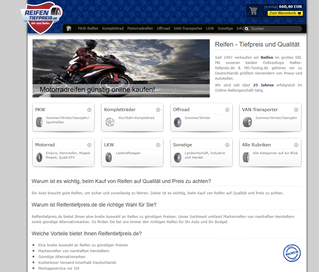 So sah unser bisheriger Shop aus — das Design von Reifentiefpreis.de vor dem Relaunch