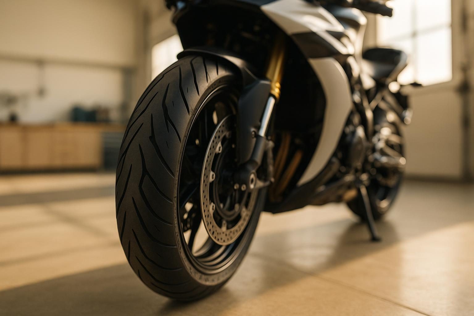 Vorderreifen eines Sportmotorrads in der Werkstatt (KI-generiert, OpenAI)