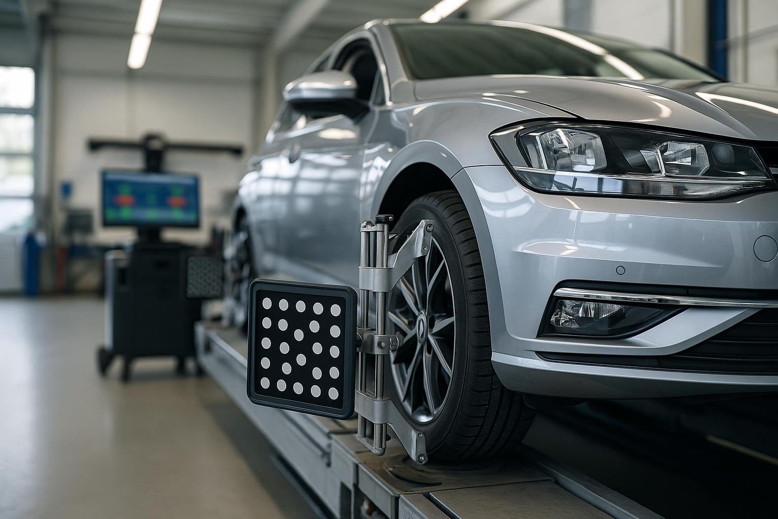 Auto auf dem Achsmessstand in der Werkstatt mit Messsensor am Vorderrad (KI-generiert, OpenAI)
