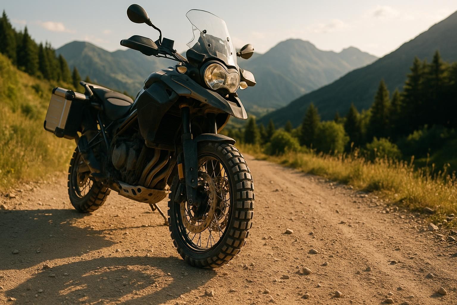 Reise-Enduro mit grobstolligem Adventure-Reifen auf sonniger Schotterpiste (KI-generiert, OpenAI)
