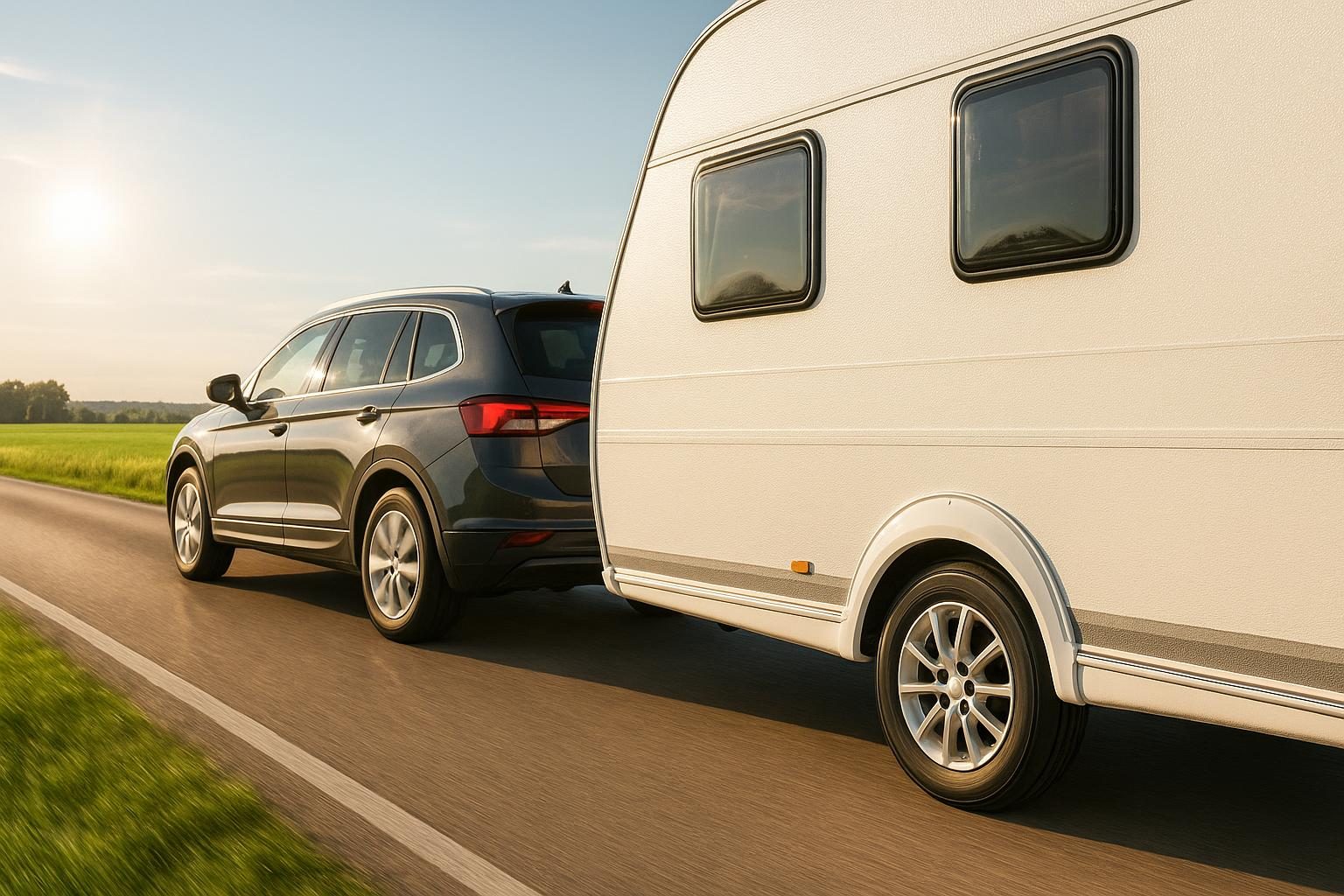 Auto zieht einen weißen Wohnwagen auf sonniger Landstraße, Anhängerrad im Fokus (KI-generiert, OpenAI)