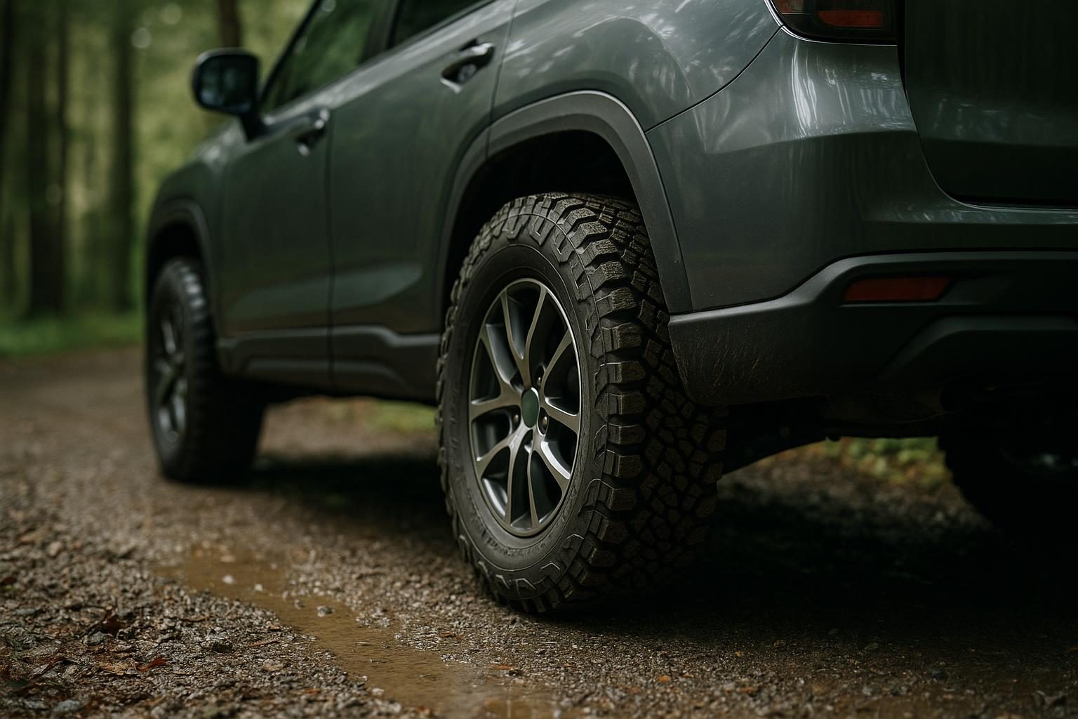 SUV mit grobstolligen All-Terrain-Reifen auf einem Schotter-Waldweg (KI-generiert, OpenAI)