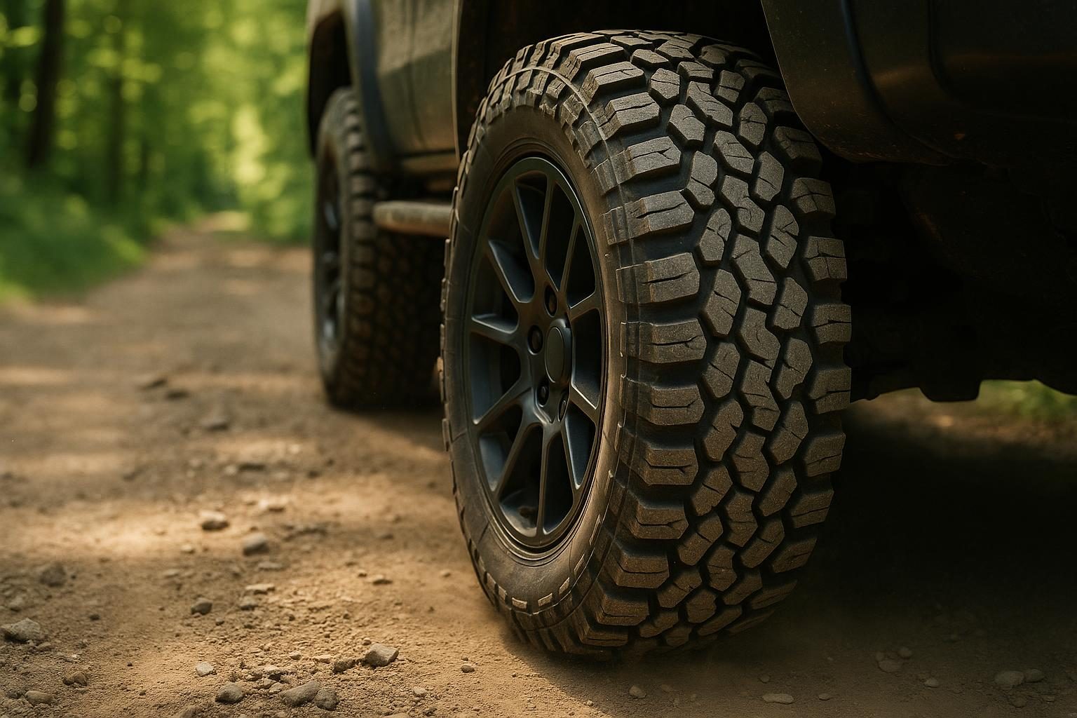 All-Terrain-Reifen mit grobem Profil auf einem SUV auf einem Schotterweg (KI-generiert, OpenAI)