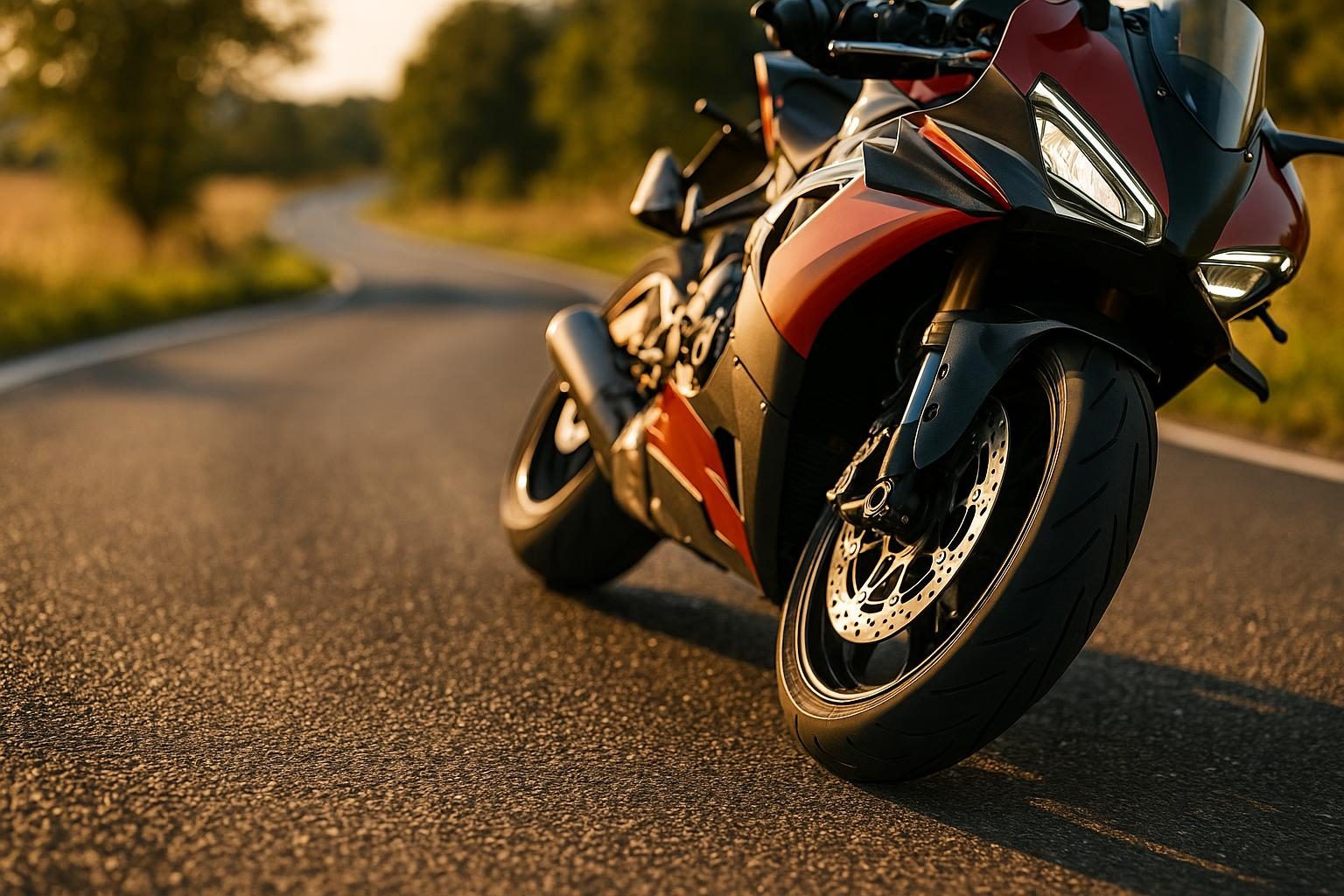 Supersport-Motorrad auf sonniger Landstraße, Fokus auf Vorderreifen (KI-generiert, OpenAI)