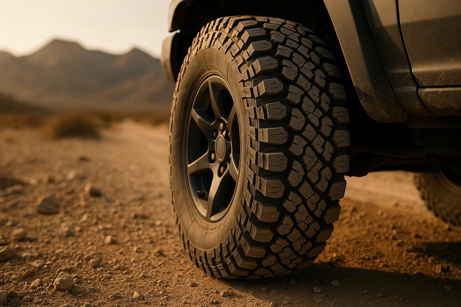 Grobstolliger All-Terrain-Reifen auf einem Geländewagen im Wüstengelände (KI-generiert, OpenAI)