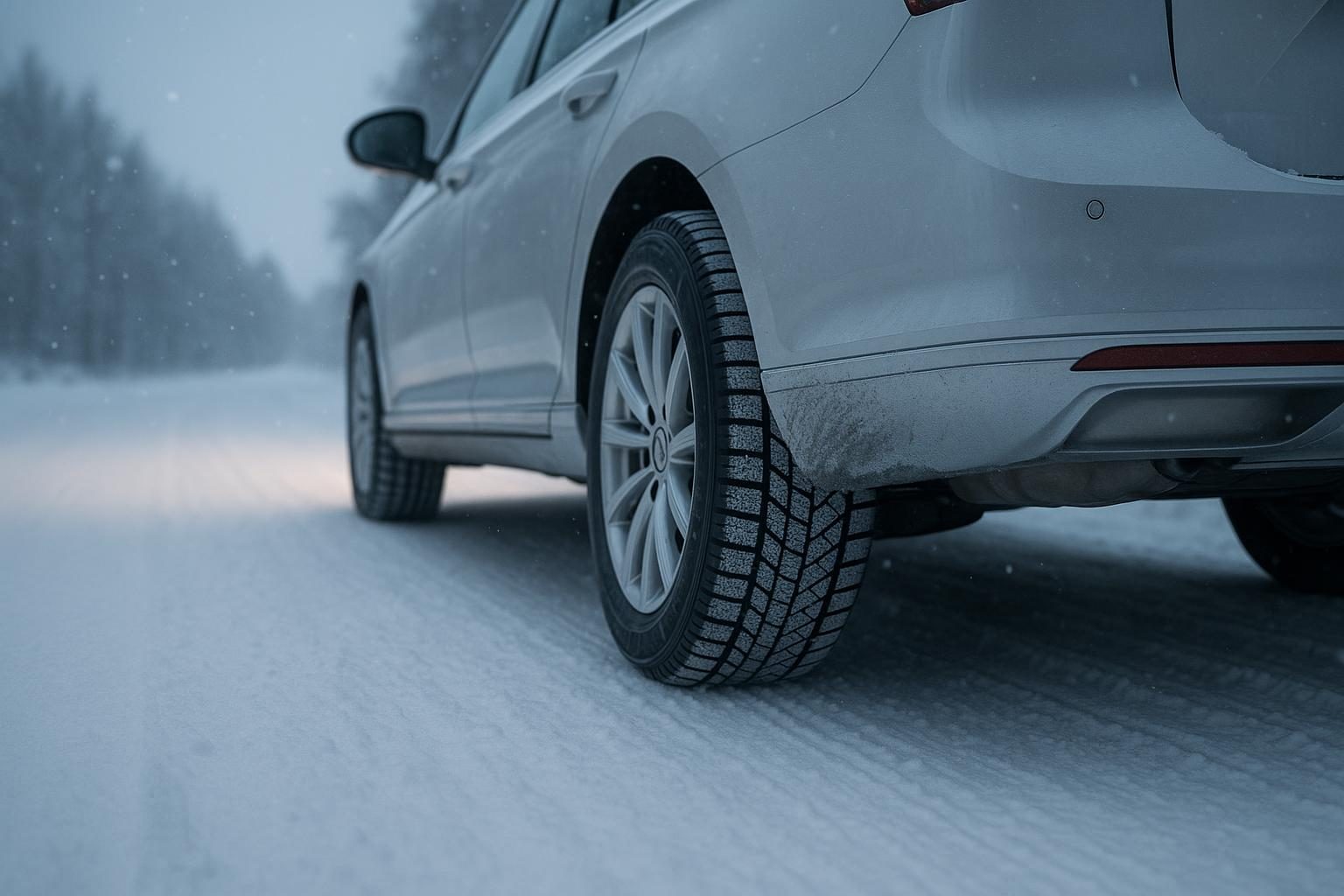 KI-generiert (OpenAI): Auto mit Winterreifen auf verschneiter Landstrasse