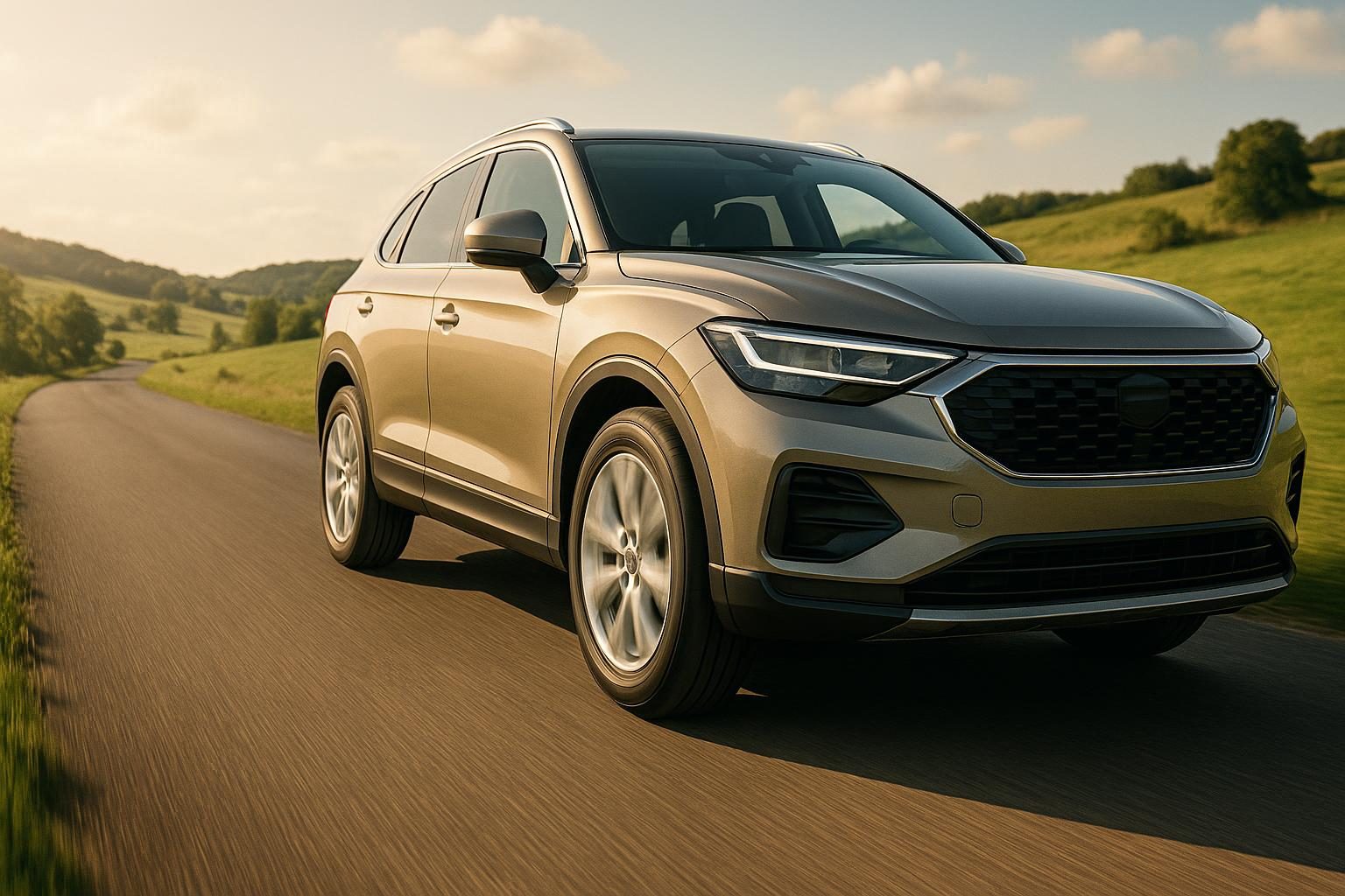 Premium-SUV auf sommerlicher Landstraße, Blick auf Alufelge und Sommerreifen (KI-generiert, OpenAI)
