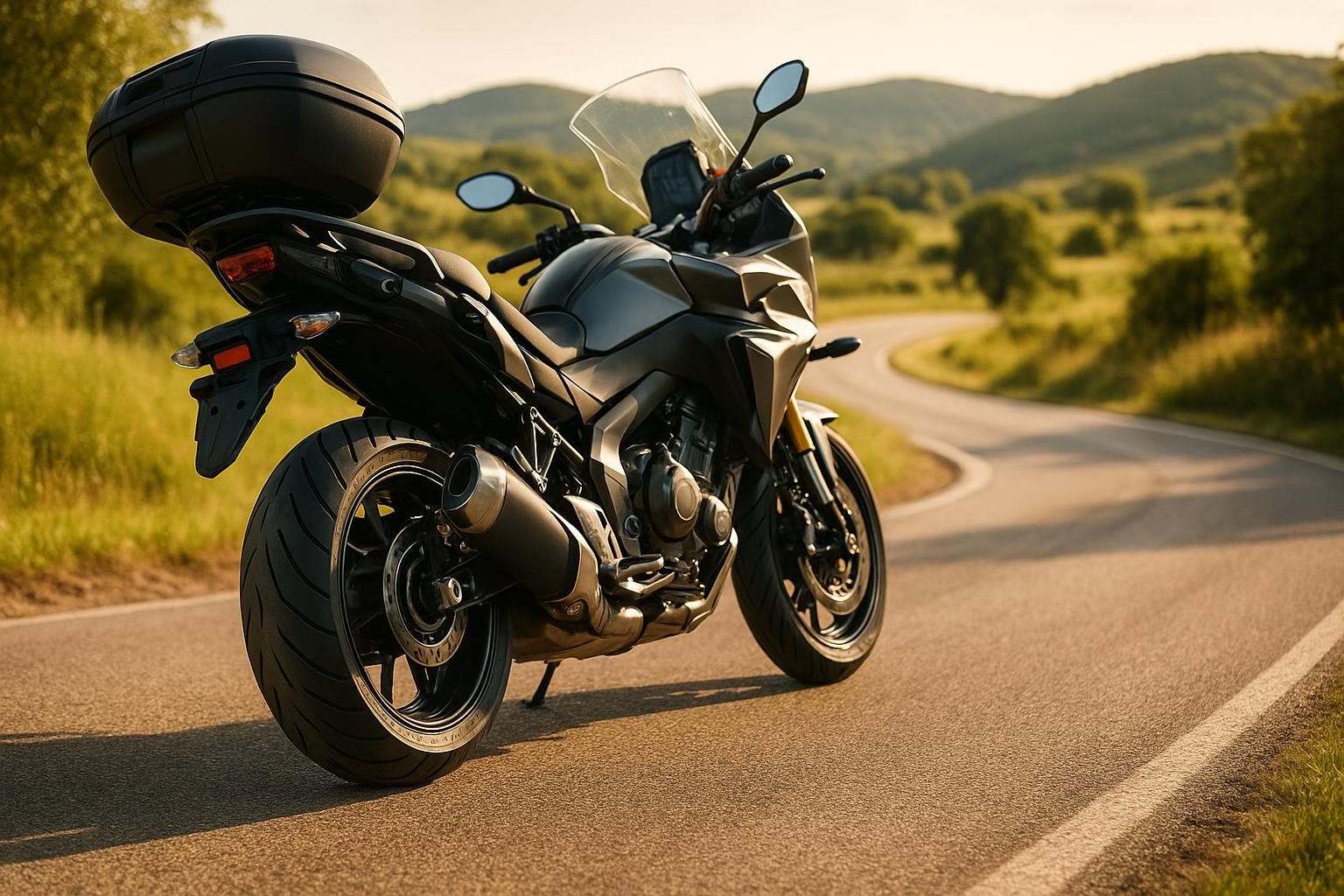 Sport-Touring-Motorrad auf sonniger Landstraße, Blick auf den Hinterreifen (KI-generiert, OpenAI)
