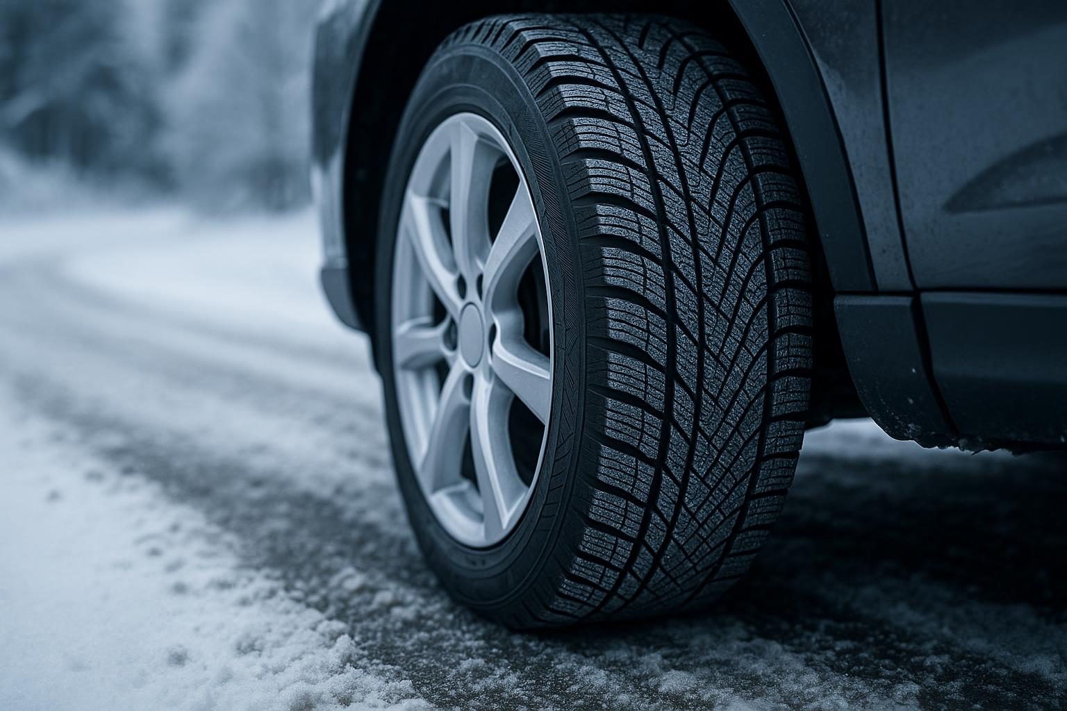 Premium-Winterreifen mit laufrichtungsgebundenem Profil auf schneebedeckter Straße (KI-generiert, OpenAI)