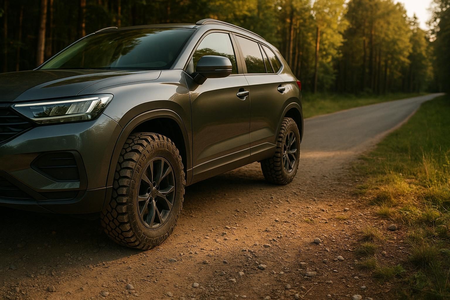 Moderner SUV mit grobstolligen Reifen auf einem Waldweg (KI-generiert, OpenAI)