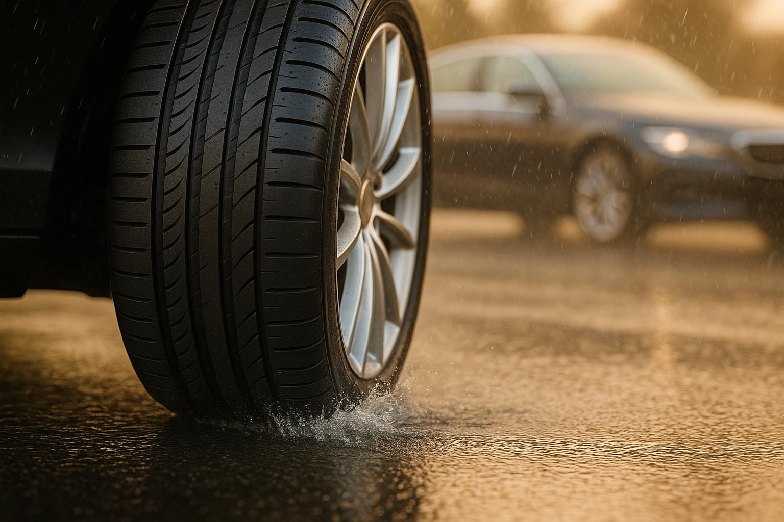 Premium-Sommerreifen mit Wasserfontäne auf nasser Straße, elegante Limousine im Hintergrund (KI-generiert, OpenAI)