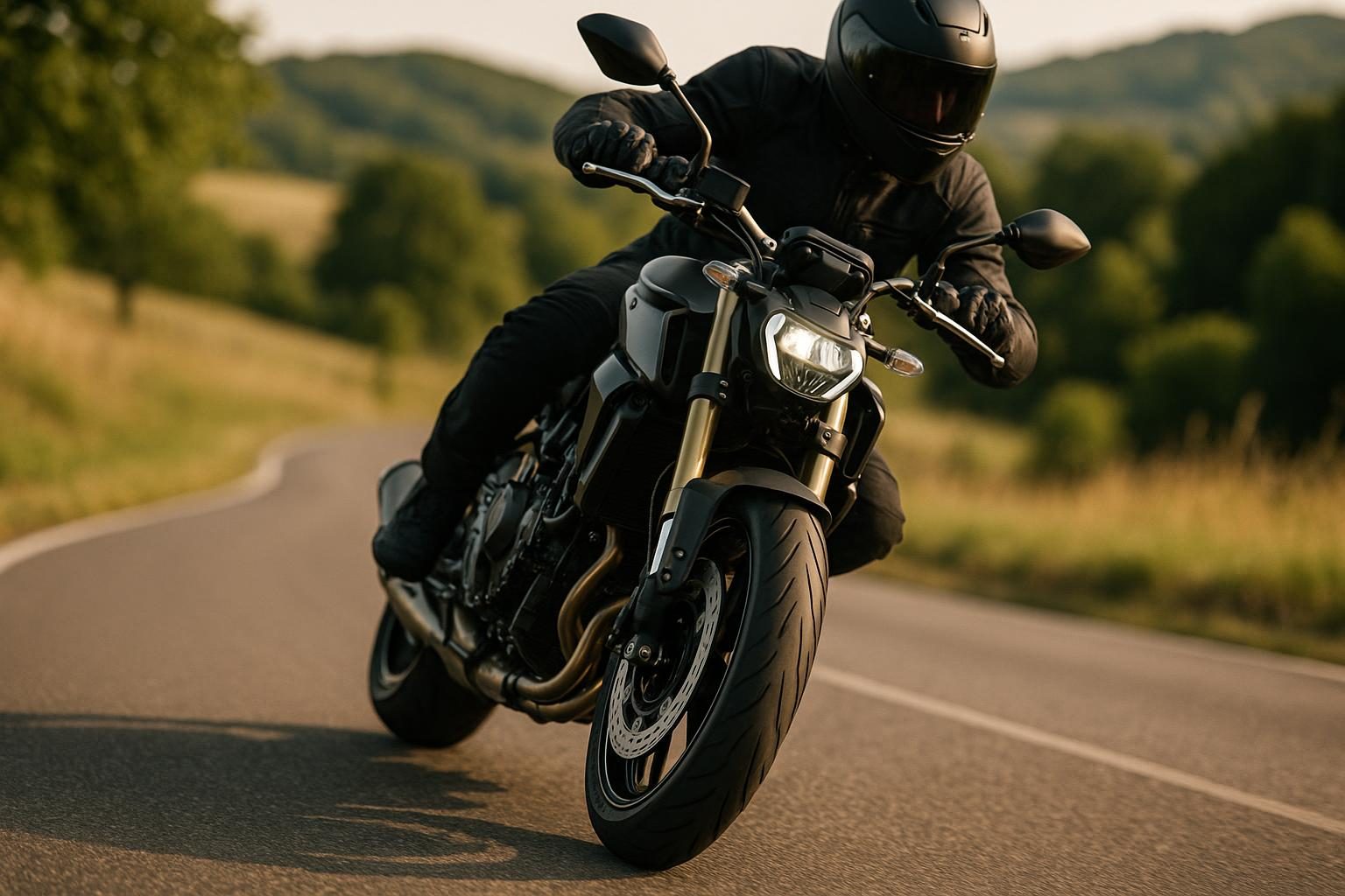 Naked Bike in Schräglage auf einer Landstraße, Vorderreifen im Fokus (KI-generiert, OpenAI)
