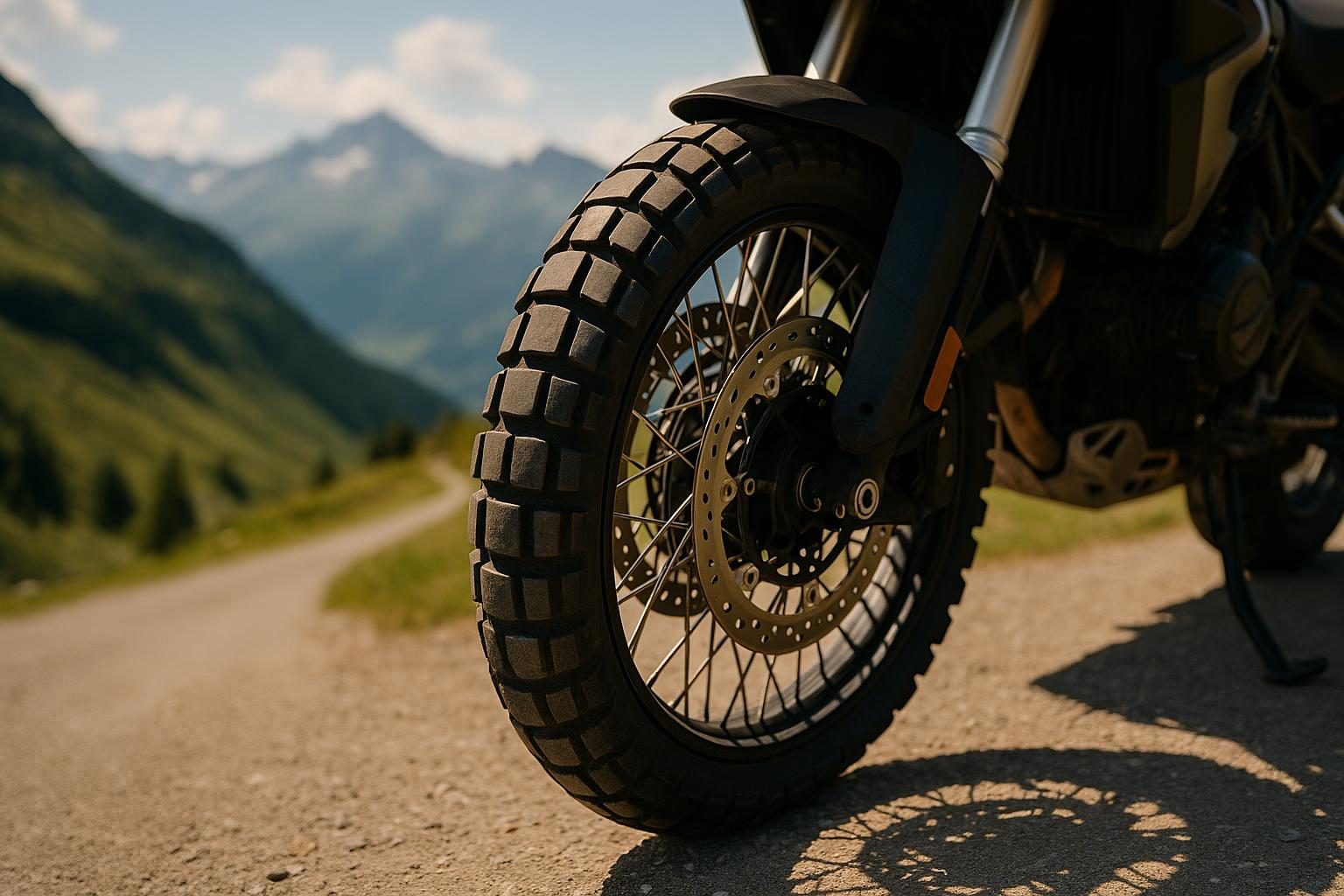Vorderrad einer Reiseenduro mit Adventure-Reifenprofil auf Bergstraße (KI-generiert, OpenAI)