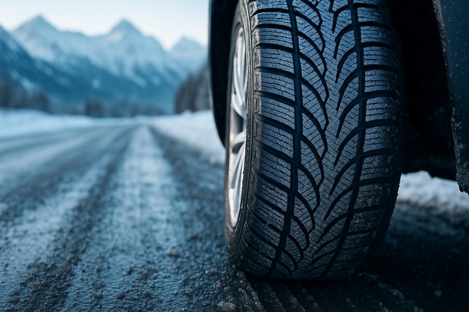 Moderner Winterreifen mit Lamellenprofil auf verschneiter Alpenstraße (KI-generiert, OpenAI)
