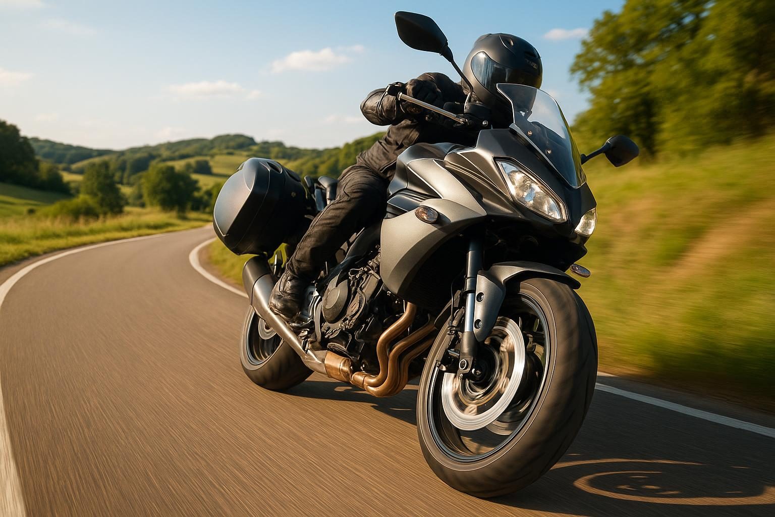 Sport-Touring-Motorrad mit Koffern auf sonniger Landstraße (KI-generiert, OpenAI)