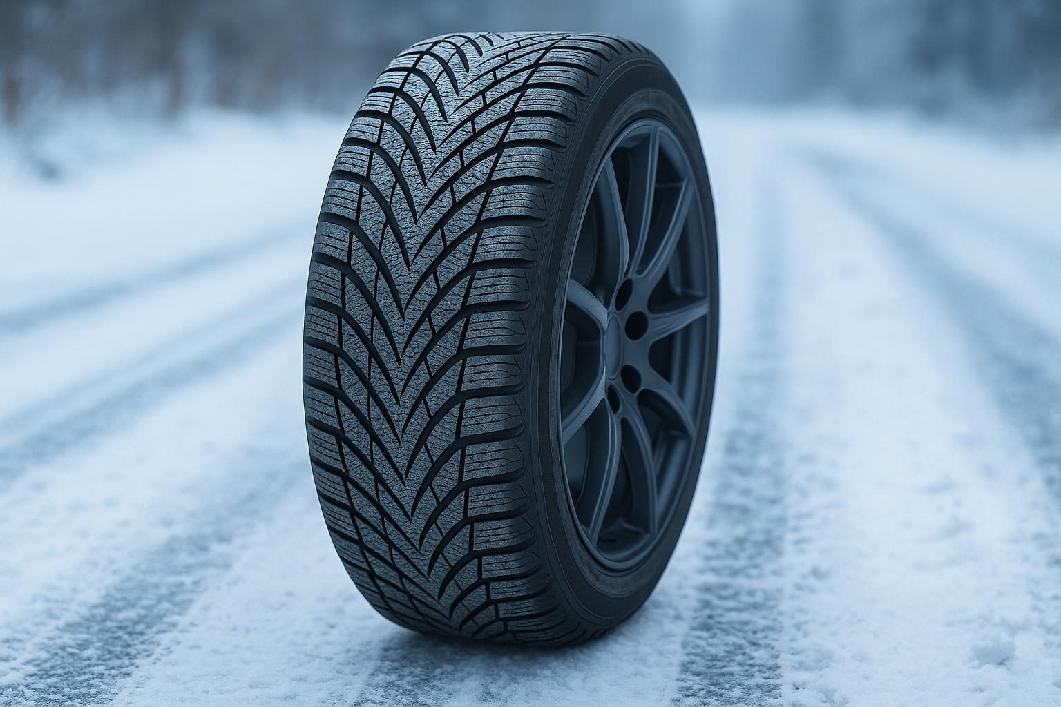 Pkw-Winterreifen mit laufrichtungsgebundenem V-Profil auf verschneiter Straße (Symbolbild, KI-generiert, OpenAI)