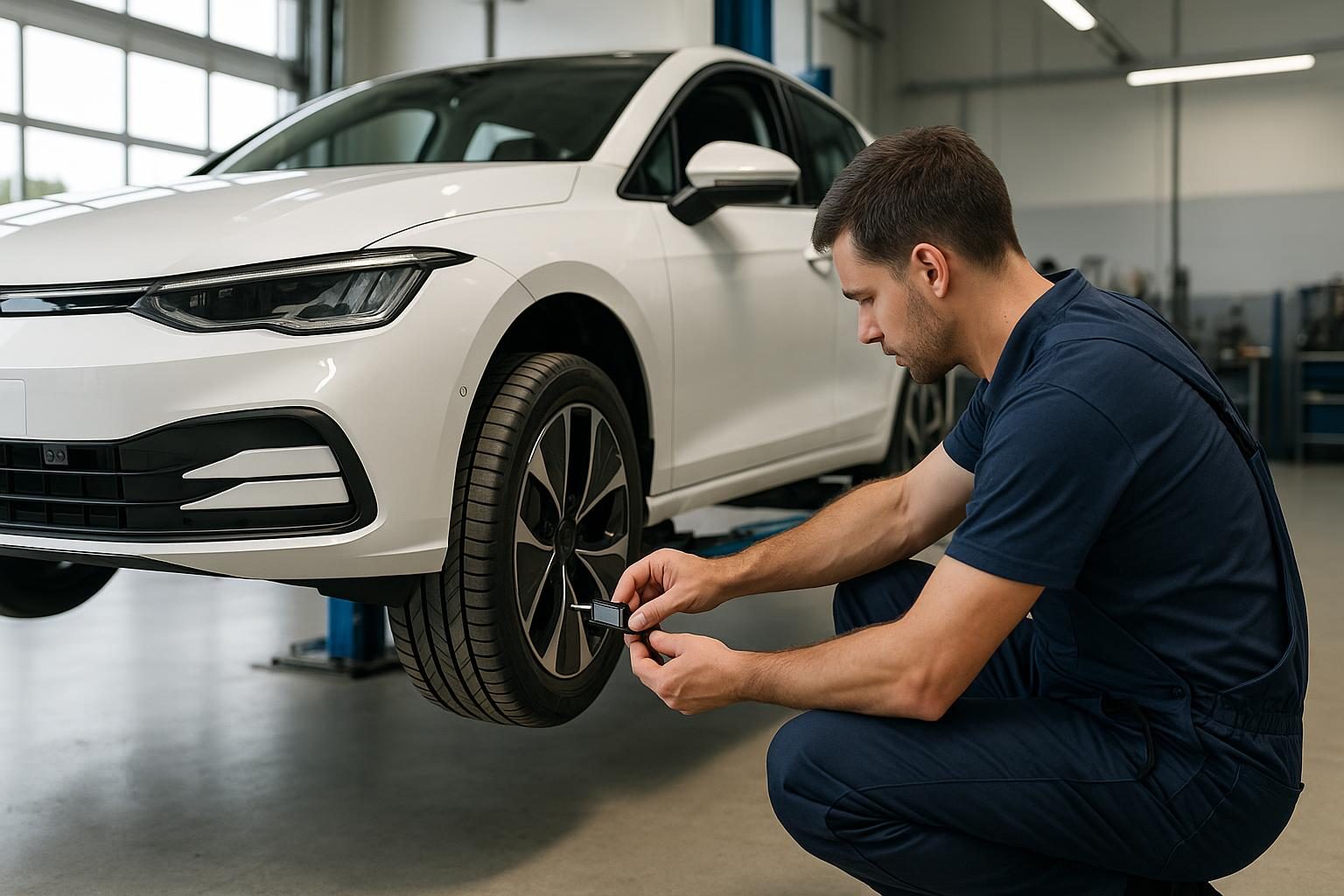 Mechaniker prüft in der Werkstatt das Reifenprofil an einem aufgebockten Auto (KI-generiert, OpenAI)