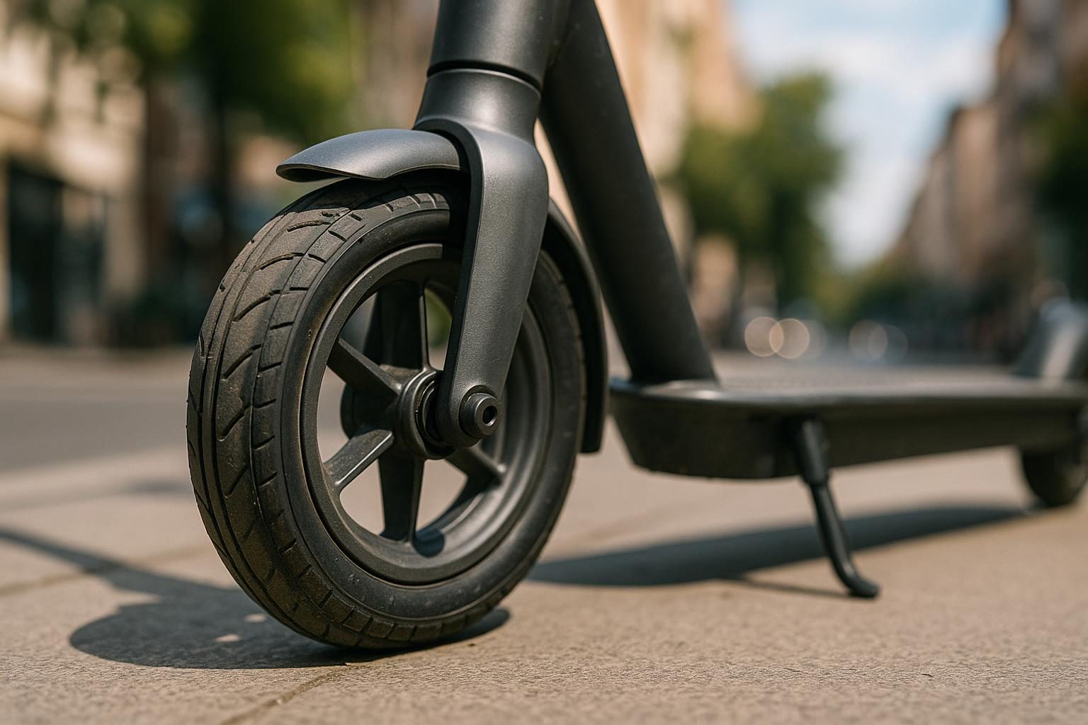 Vorderrad eines E-Scooters mit Luftreifen auf städtischem Gehweg (KI-generiert, OpenAI)