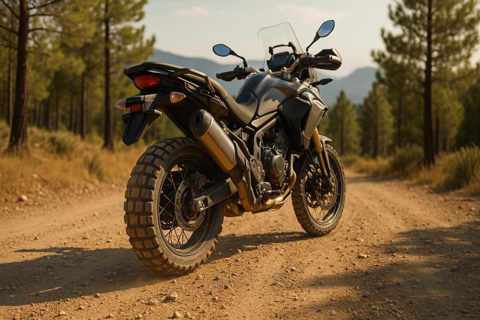 Adventure-Motorrad mit grobstolligem Dual-Sport-Reifen auf einem Schotterweg am Waldrand (KI-generiert, OpenAI)