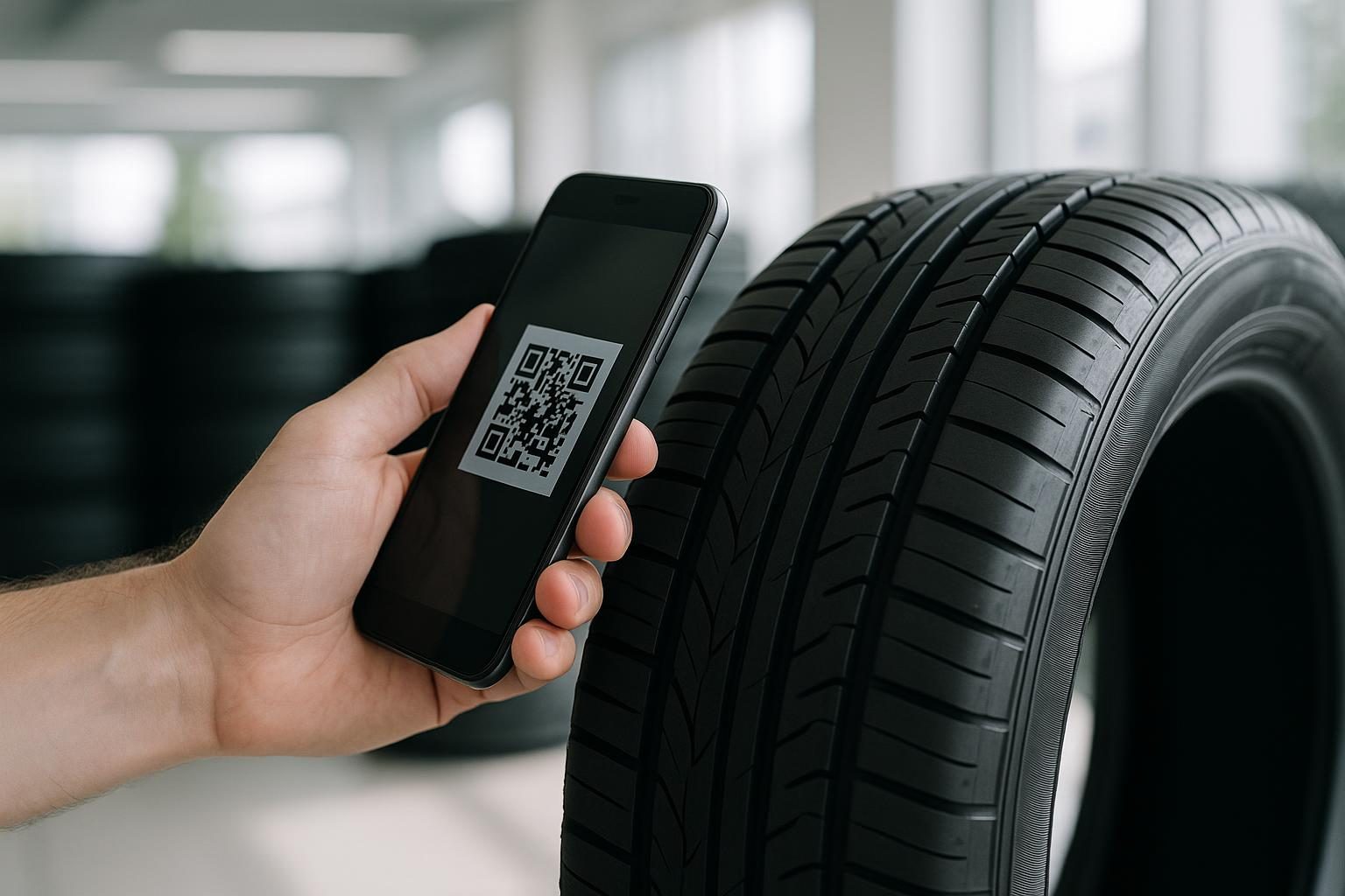 Smartphone scannt den QR-Code eines neuen Reifens im Fachgeschäft (KI-generiert, OpenAI)