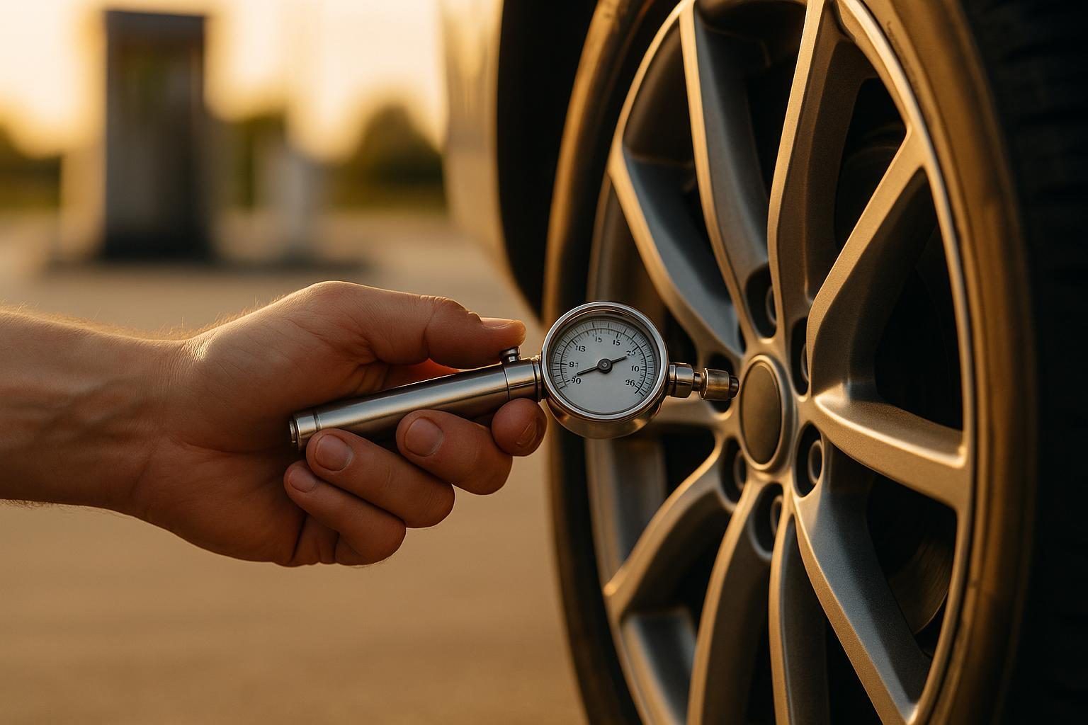 Hand prüft mit einem Manometer den Reifendruck an einem Pkw-Reifen (Symbolbild, KI-generiert, OpenAI)