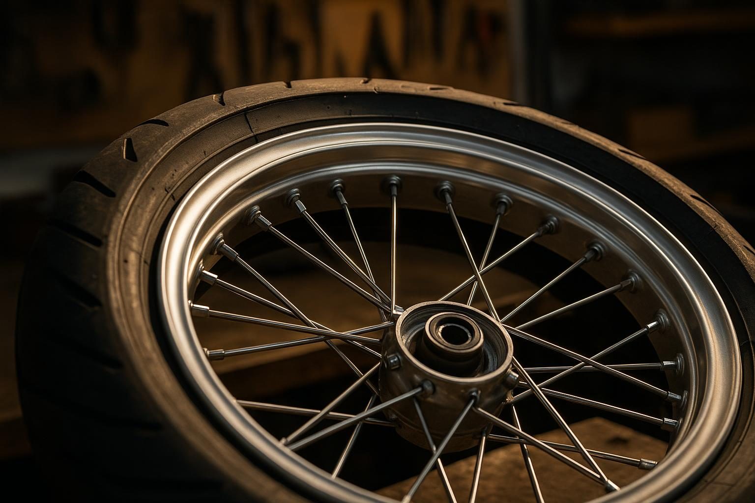 Motorrad-Speichenrad mit sichtbaren Speichennippeln im Felgenbett (KI-generiert, OpenAI)