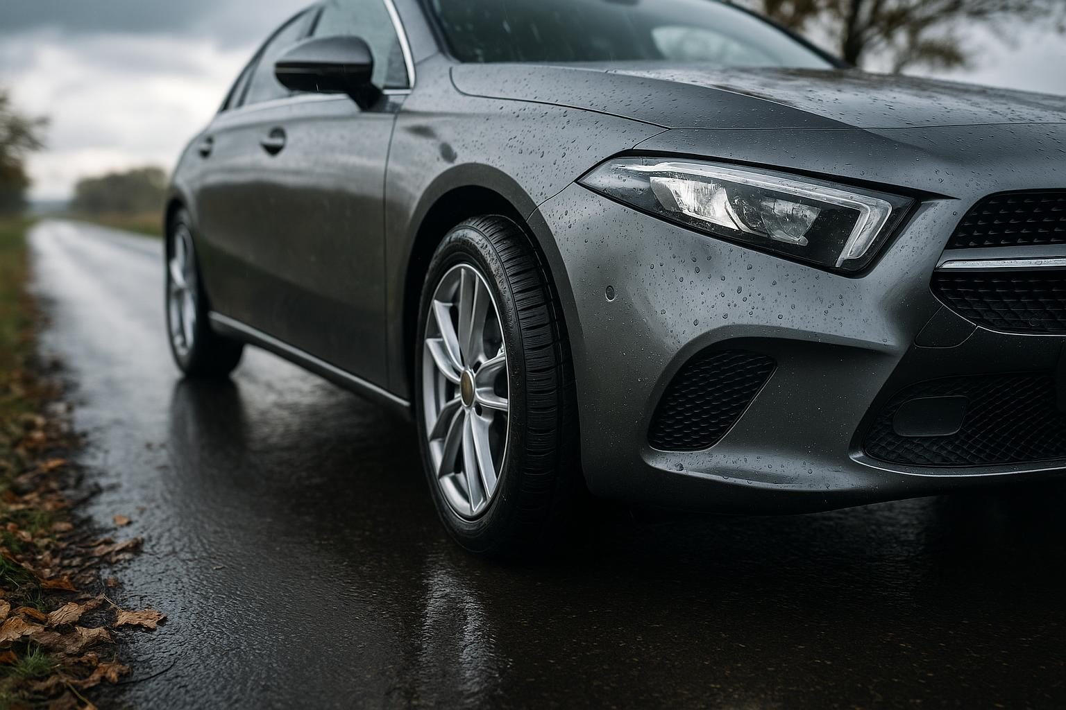 Auto auf nasser Landstraße bei wechselhaftem Wetter, Fokus auf dem Profil eines Ganzjahresreifens (KI-generiert, OpenAI)
