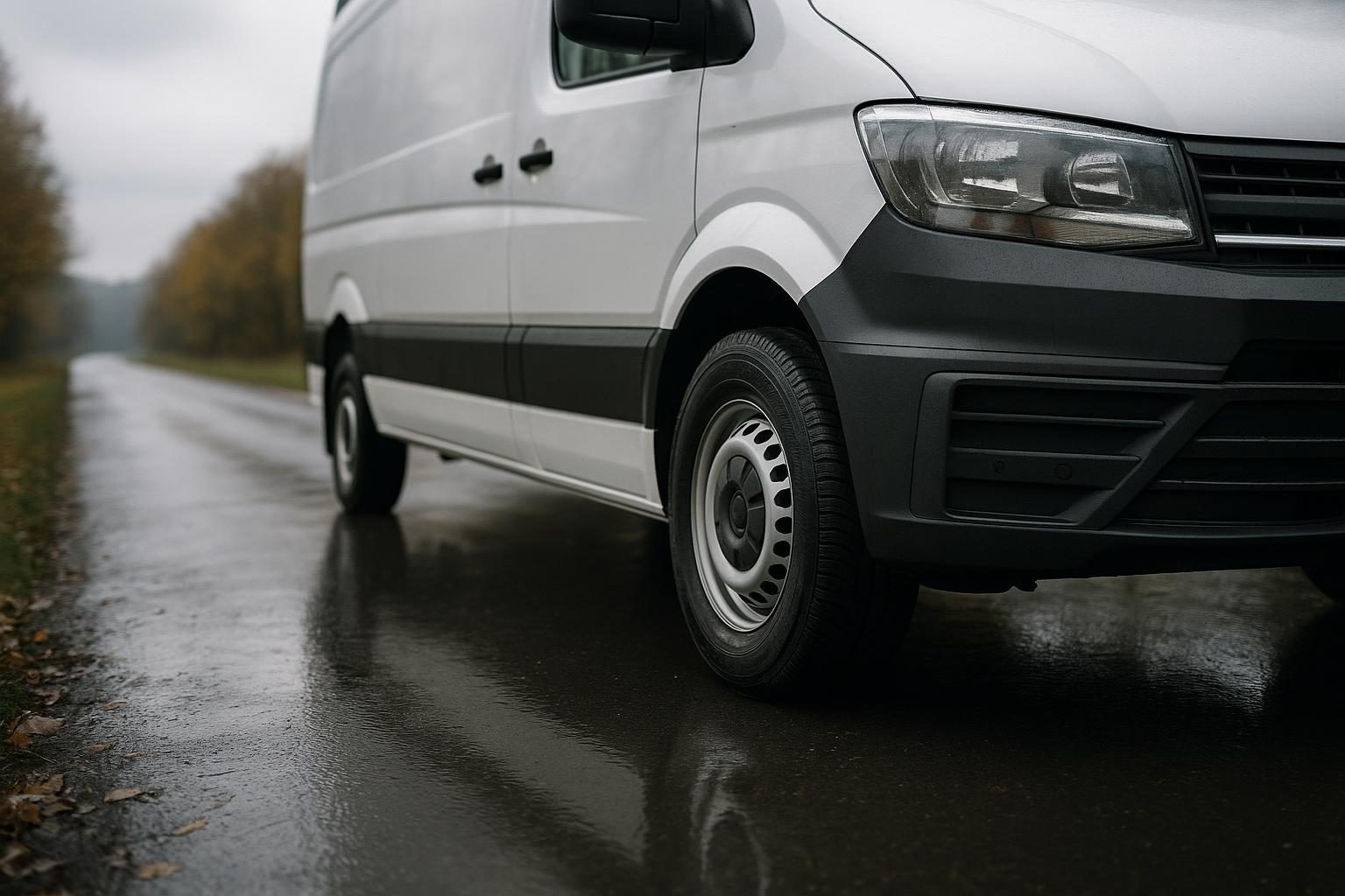 Weißer Transporter auf nasser Herbststraße, Ganzjahresreifen im Fokus (KI-generiert, OpenAI)