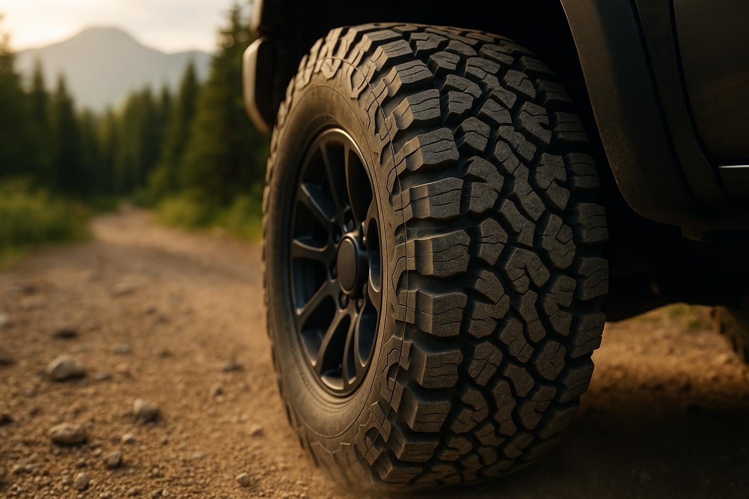 Grobstolliger All-Terrain-Reifen mit betontem Schulterprofil an einem SUV auf einem Schotterweg (KI-generiert, OpenAI)