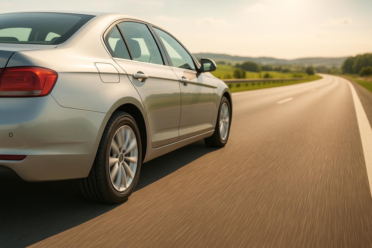 Silberne Limousine auf sommerlicher Autobahn, Fokus auf dem Reifen (KI-generiert, OpenAI)