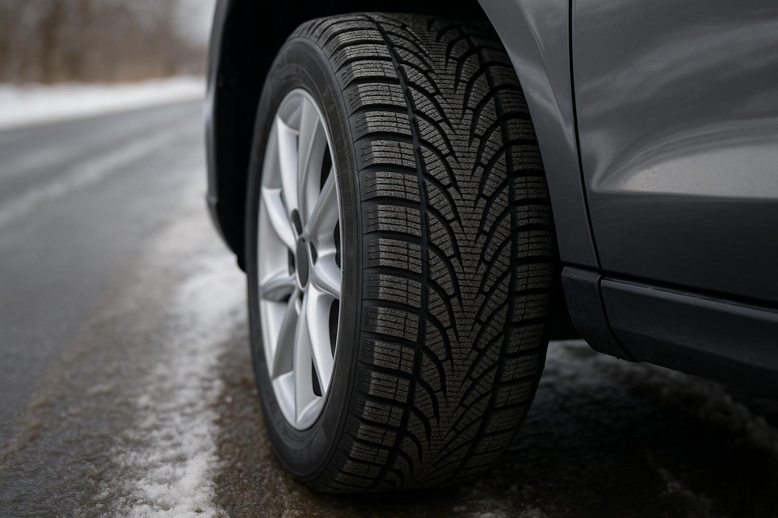 Premium-Winterreifen mit feinem Lamellenprofil auf Alufelge an einem Pkw auf verschneiter Straße (KI-generiert, OpenAI)