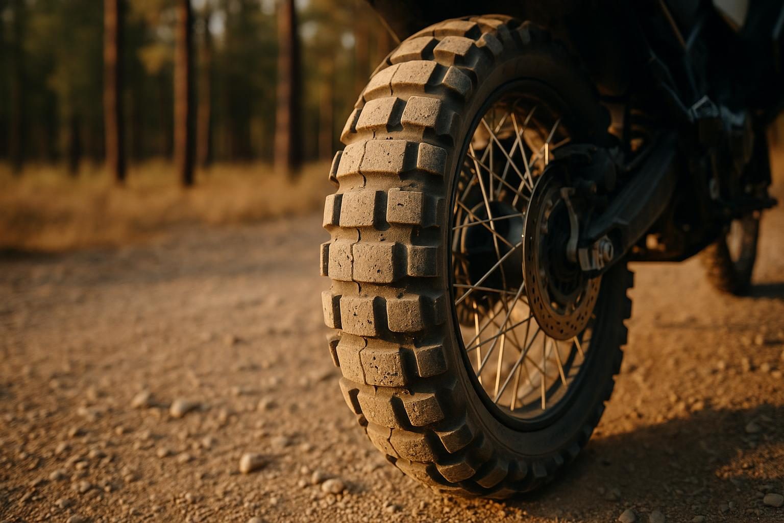 Hinterrad einer Enduro mit grobstolligem Zweiradreifen auf Schotter (KI-generiert, OpenAI)