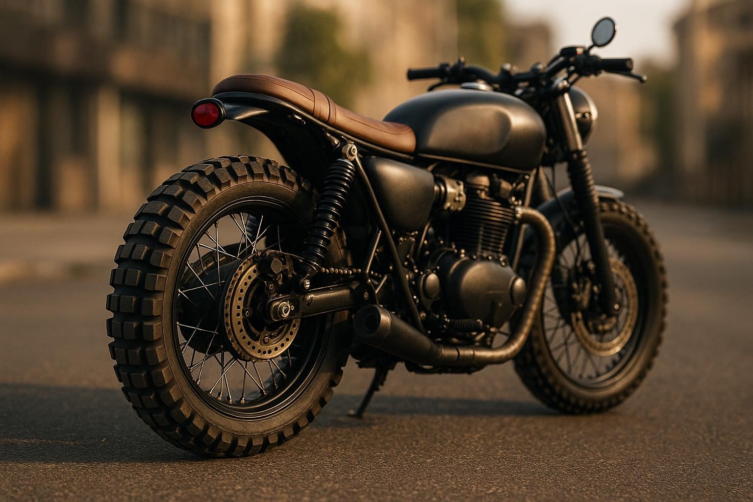 KI-generiertes Bild (OpenAI): Café Racer mit grobstolligem Dual-Sport-Reifen auf 17-Zoll-Speichenrad auf Asphalt
