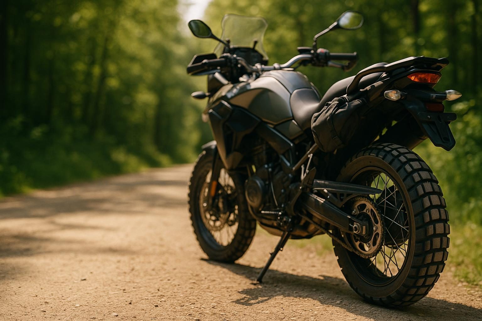 Reise-Enduro auf einem Schotterweg, Fokus auf dem grobstolligen Hinterreifen (KI-generiert, OpenAI)