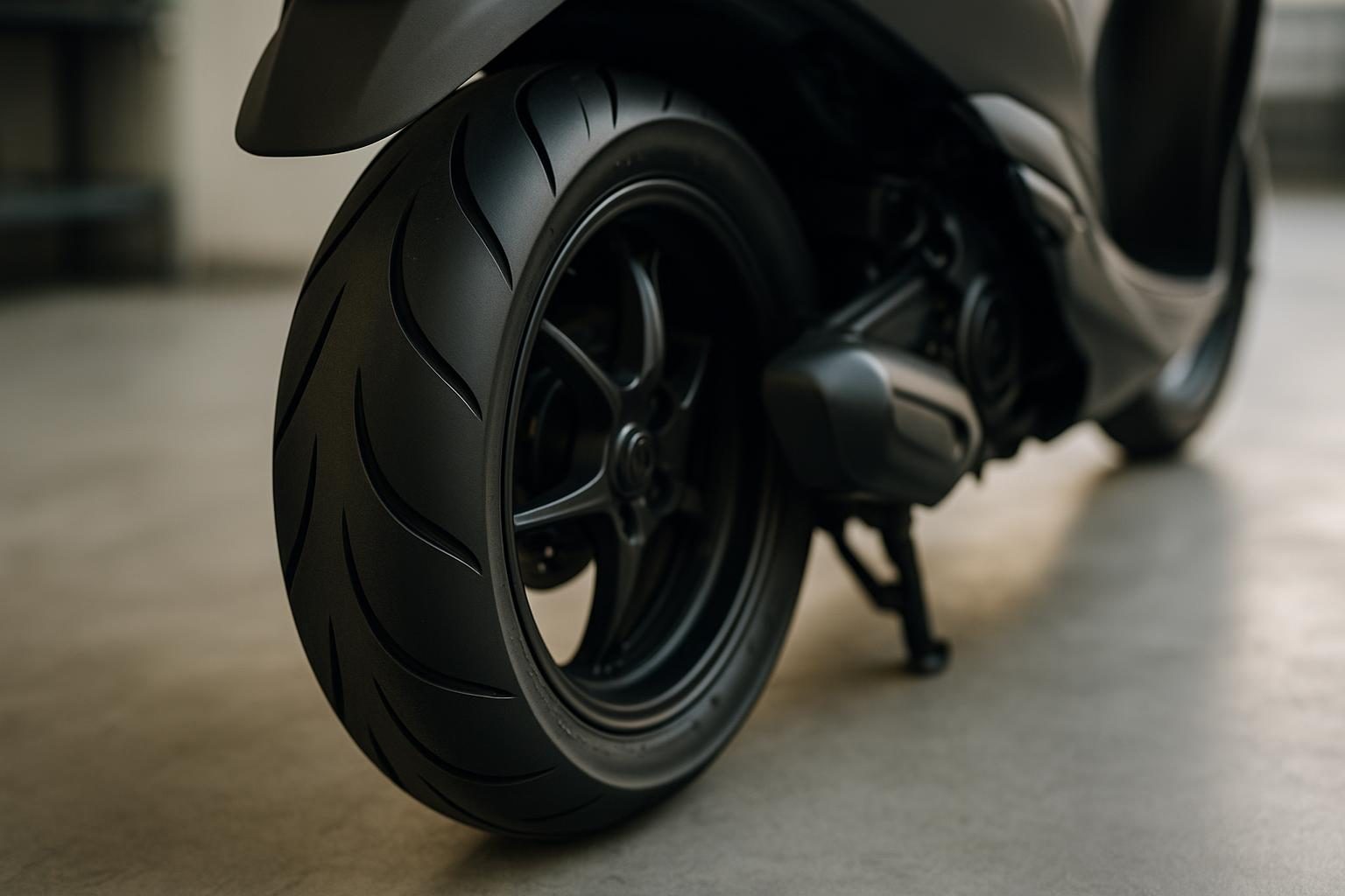 Hinterrad eines Motorrollers auf dem Werkstattboden (KI-generiert, OpenAI)