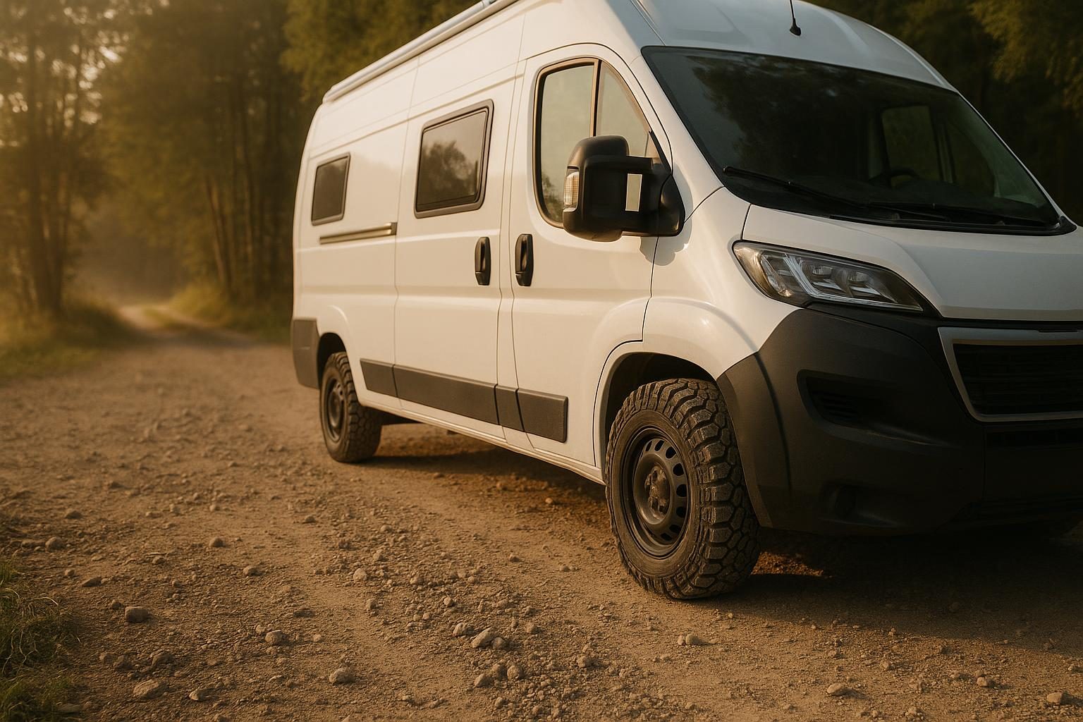 Kastenwagen mit grobstolligen All-Terrain-Reifen auf einem Schotterweg (KI-generiert, OpenAI)