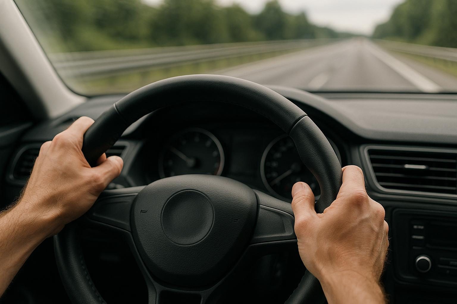 Hände am Lenkrad eines fahrenden Autos auf der Autobahn – ein vibrierendes Lenkrad deutet auf ein Problem an Rad, Reifen oder Bremse hin (KI-generiert, OpenAI).