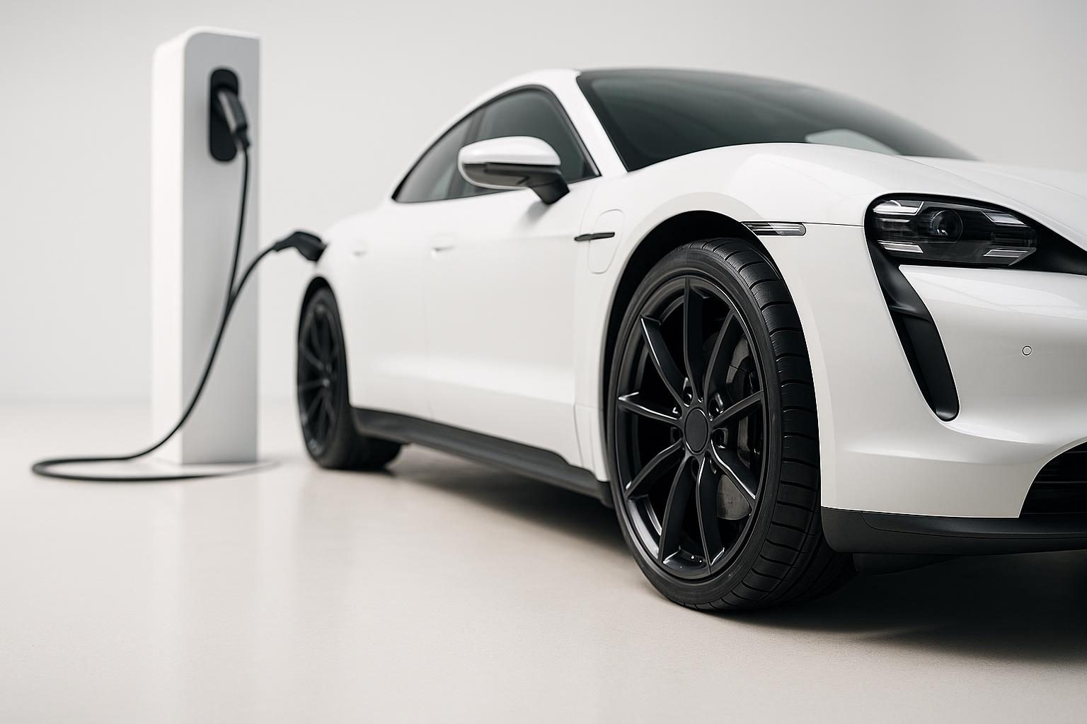 Weißer Elektro-Sportwagen mit sportlichen Reifen an einer Ladestation (Symbolbild, KI-generiert, OpenAI)