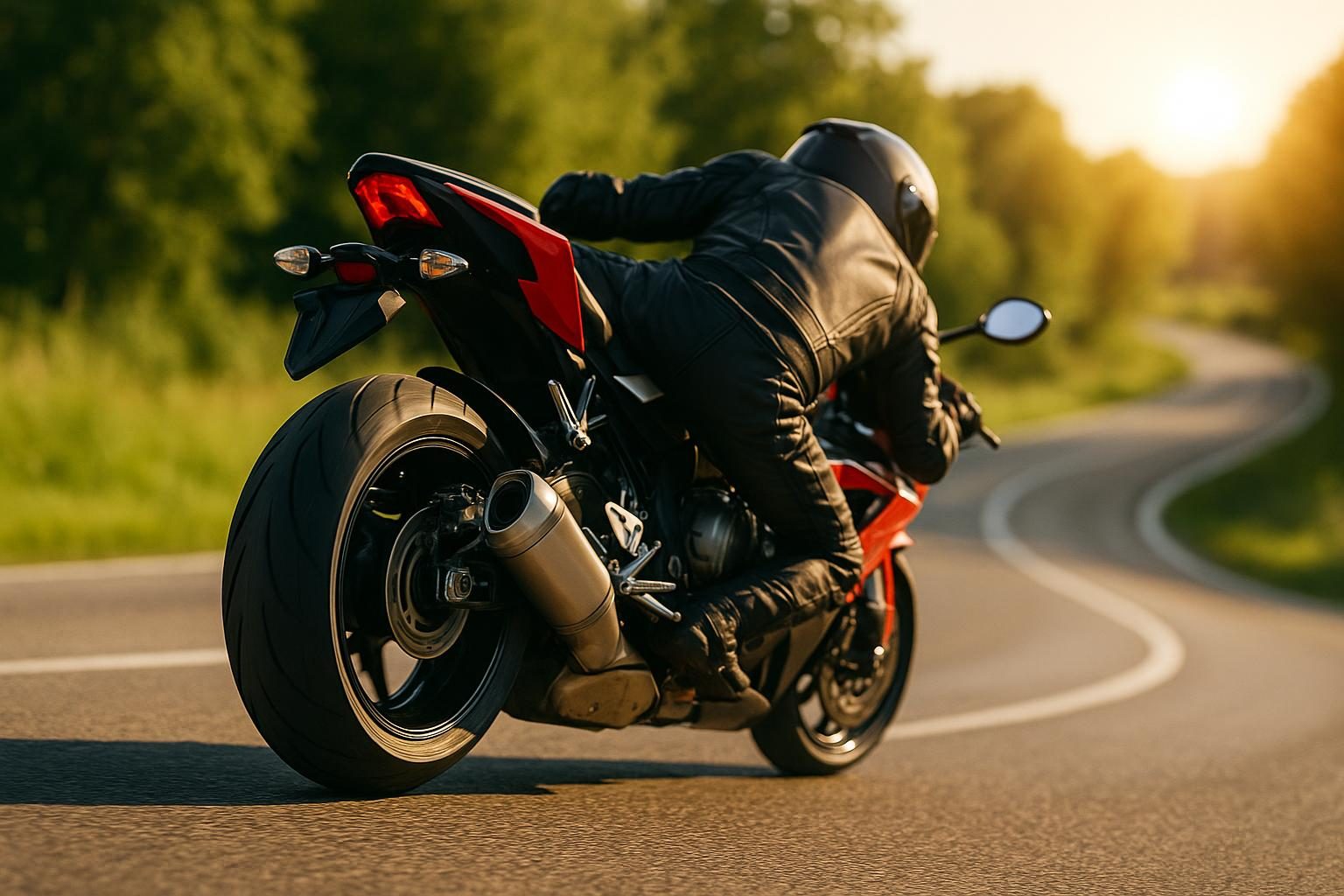 Sportmotorrad in Schräglage auf einer sonnigen Landstraße (KI-generiert, OpenAI)