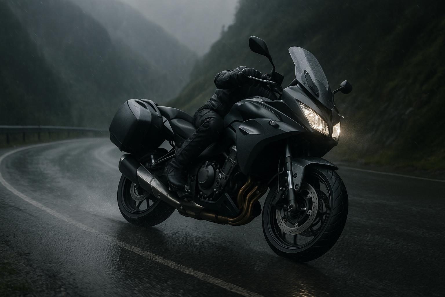 Sport-Touring-Motorrad mit Koffern in Schräglage auf nasser Passstraße bei Regen – Symbolbild zum Metzeler Roadtec 02 (KI-generiert, OpenAI)