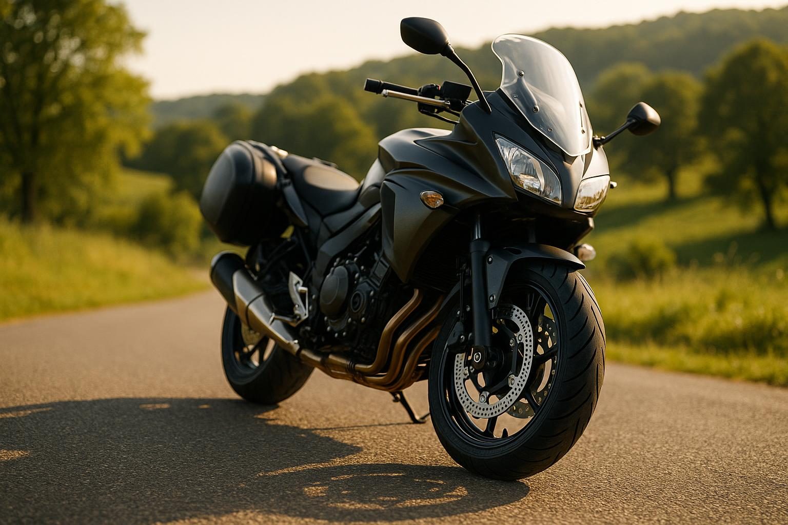 Sport-Touring-Motorrad auf einer Landstraße, Reifenprofil im Fokus (KI-generiert, OpenAI)
