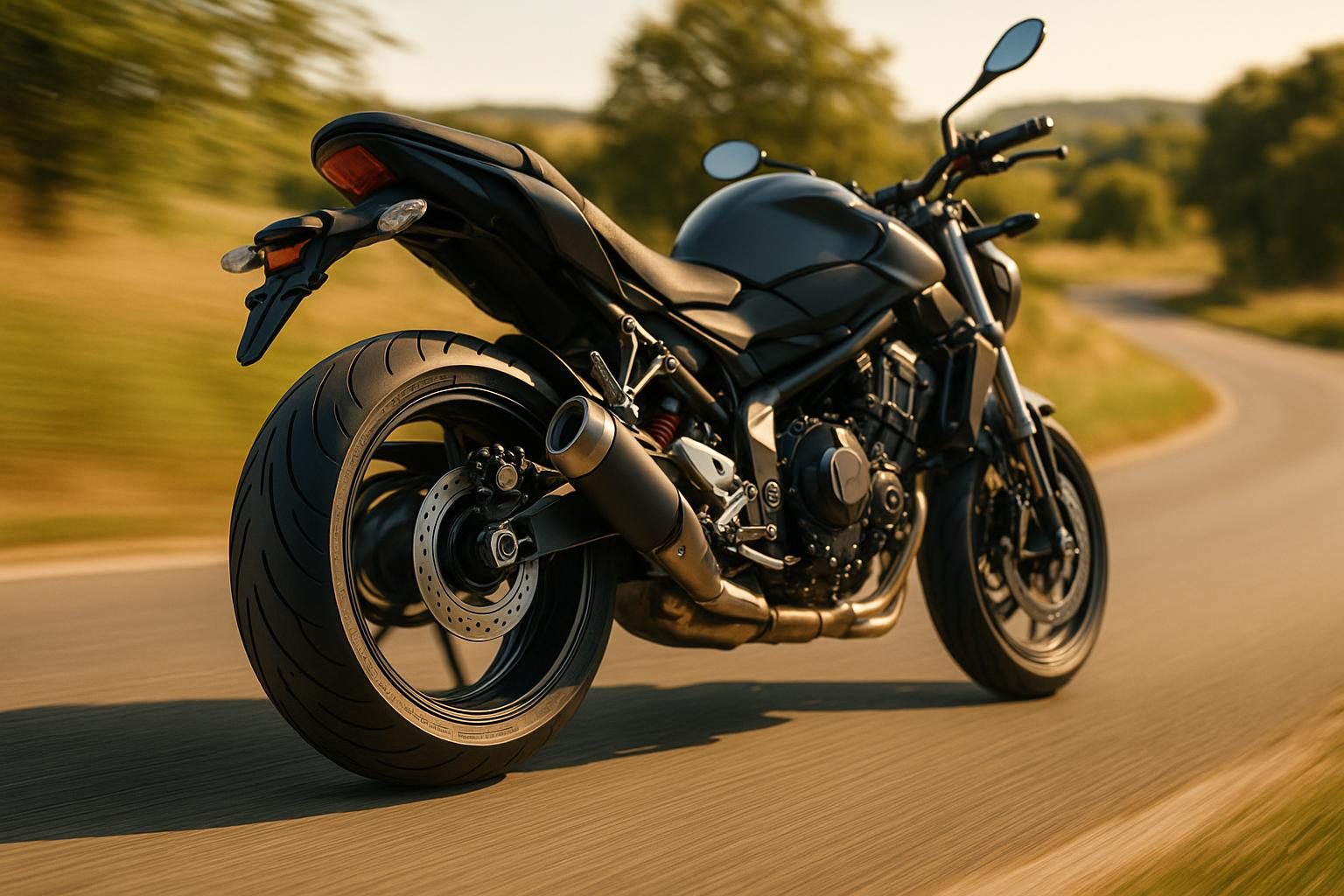 Naked-Sportmotorrad in Schräglage auf sonniger Landstraße mit Blick auf den Sport-Hinterreifen (Symbolbild, KI-generiert, OpenAI)