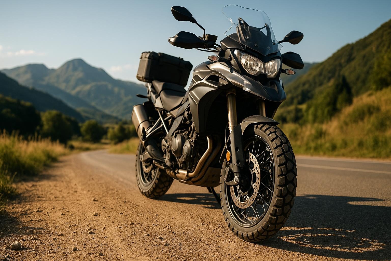 Reiseenduro mit Adventure-Touring-Reifen auf einer sommerlichen Landstraße mit Schotterrand (KI-generiert, OpenAI)