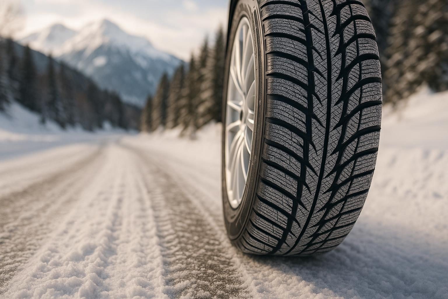 Winterreifen mit Lamellenprofil auf verschneiter Bergstraße (KI-generiert, OpenAI)