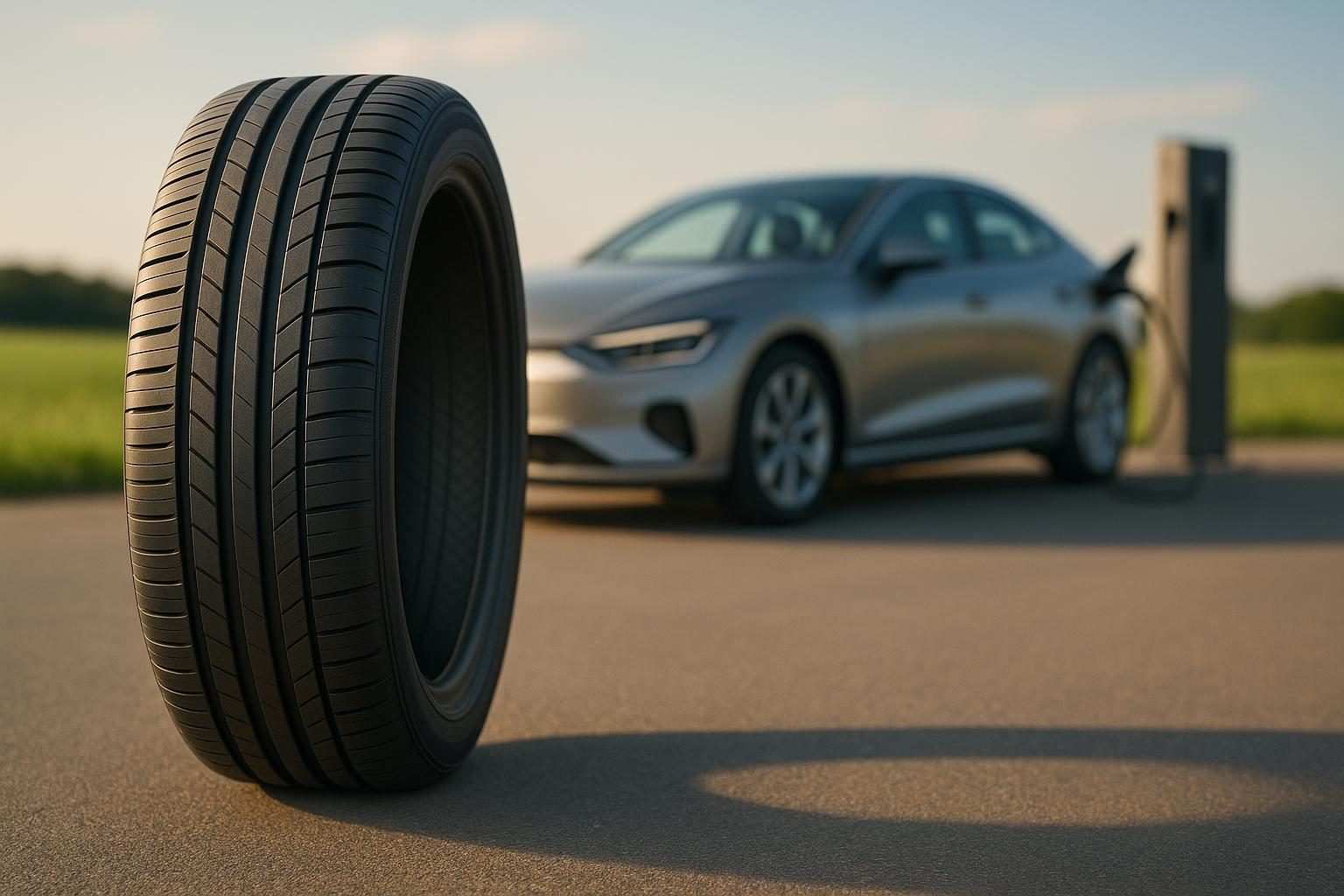 Moderner Sommerreifen auf Asphalt vor einem ladenden Elektroauto bei Sommerlicht (KI-generiert, OpenAI)