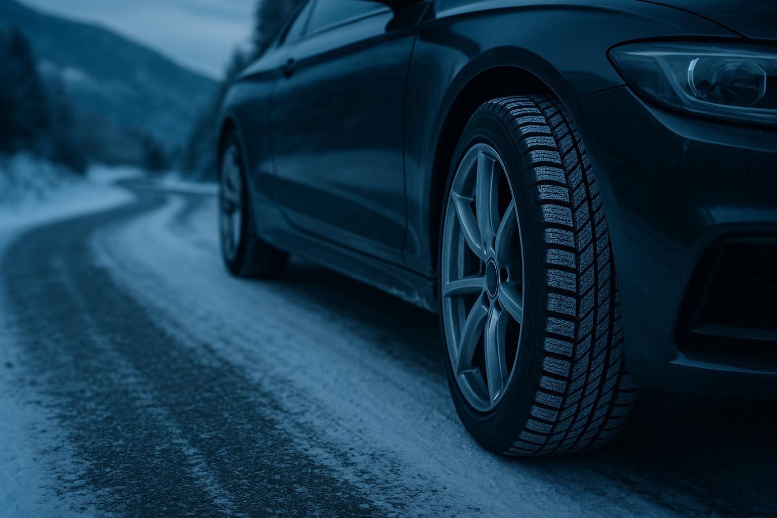 Sportlicher Winterreifen auf verschneiter Bergstraße (KI-generiert, OpenAI)