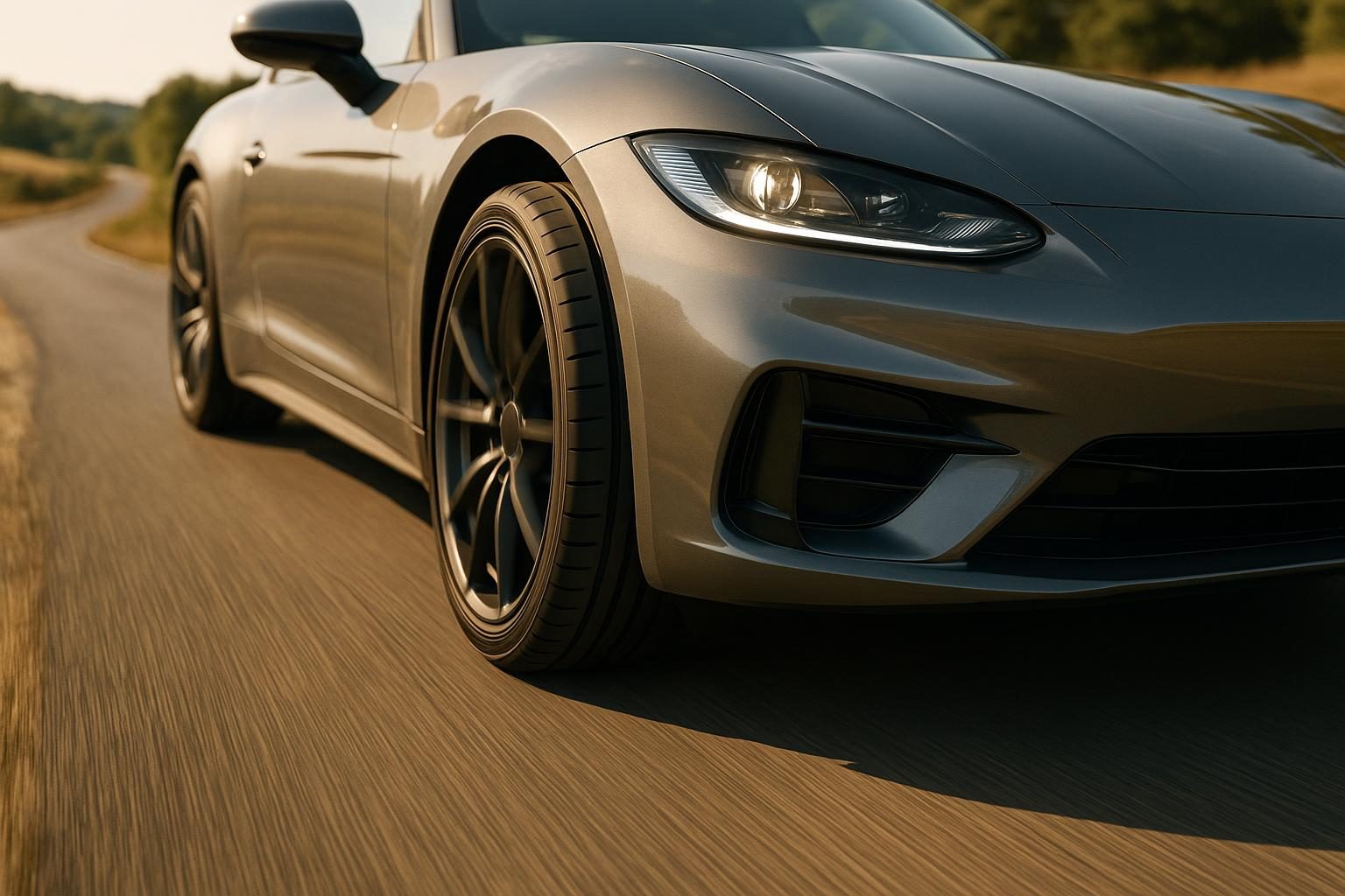 Sportliches Coupé auf sommerlicher Landstraße, Fokus auf dem Vorderrad mit Ultra-High-Performance-Sommerreifen (KI-generiert, OpenAI).