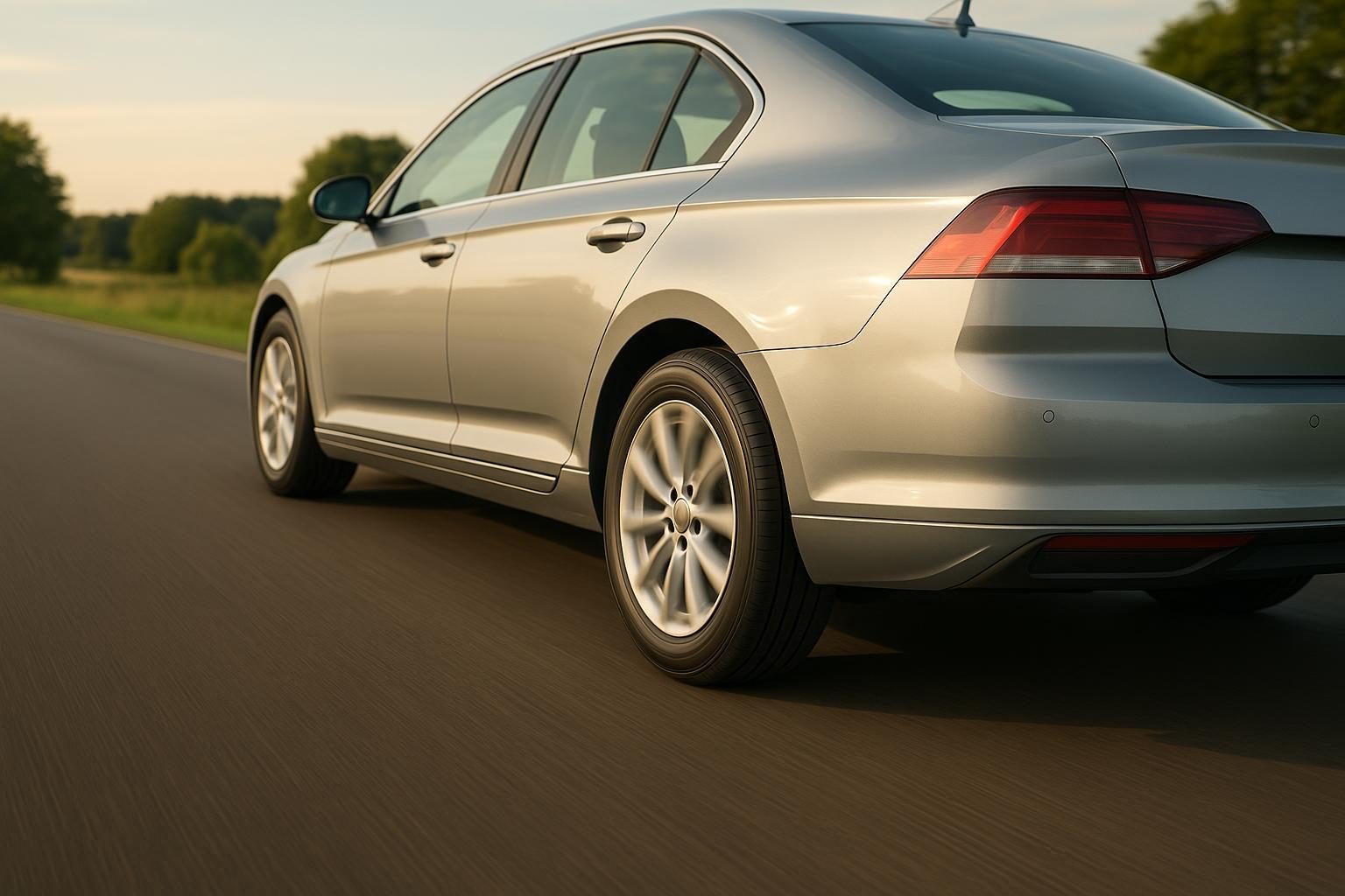Silberne Limousine fährt komfortabel über eine Sommerstraße, Fokus auf dem Hinterrad mit Premium-Sommerreifen (KI-generiert, OpenAI)