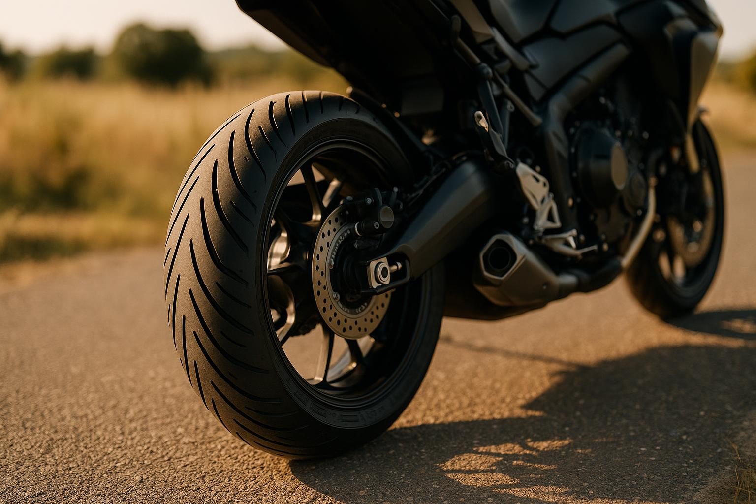 Hinterrad eines Sport-Touring-Motorrads mit Radialreifen auf Landstraße (KI-generiert, OpenAI)